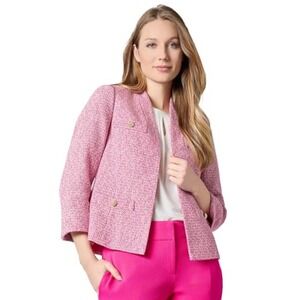 Kasper Women's Tweed Four-Pocket Collarless Pink Jacket 14P Barbie Office Mature